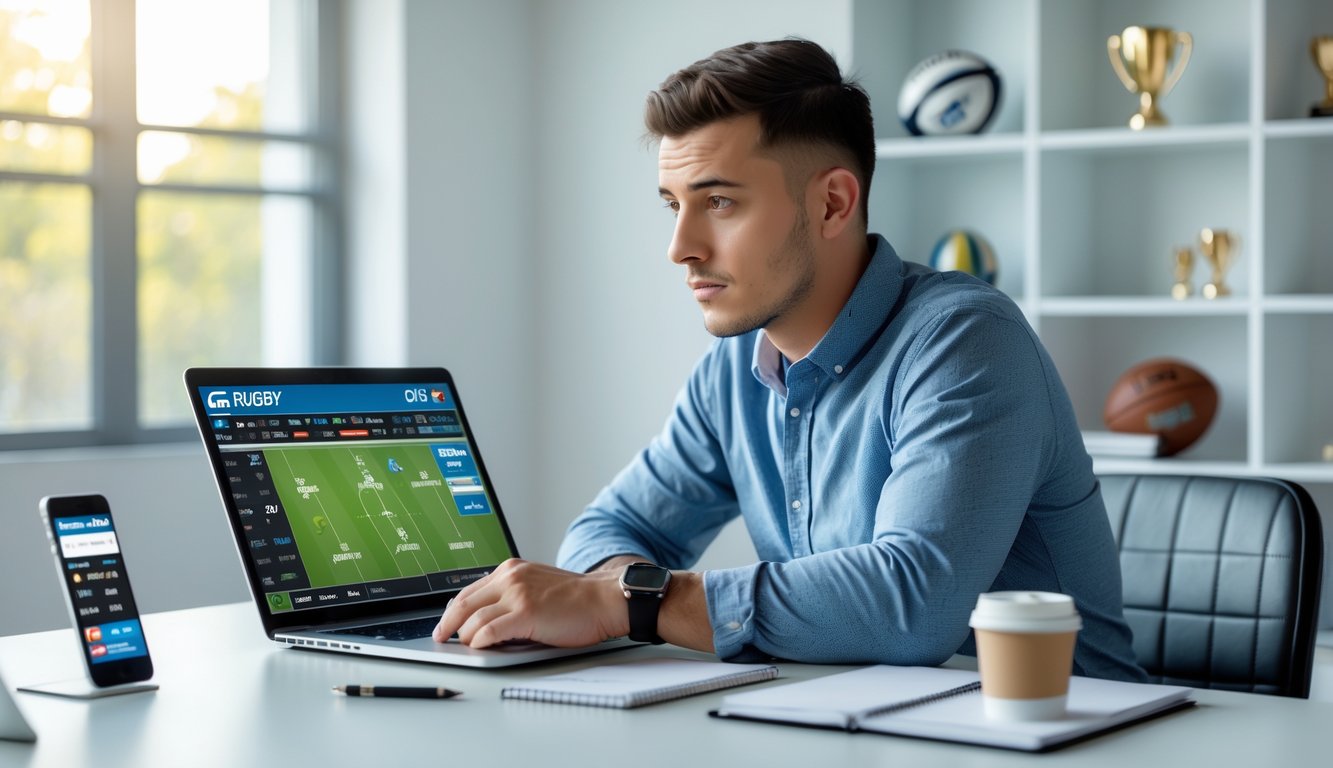 Seorang pria muda duduk di meja dengan laptop yang menampilkan pertandingan rugby dan aplikasi taruhan, tampak fokus dan berpikir sambil mencatat.
