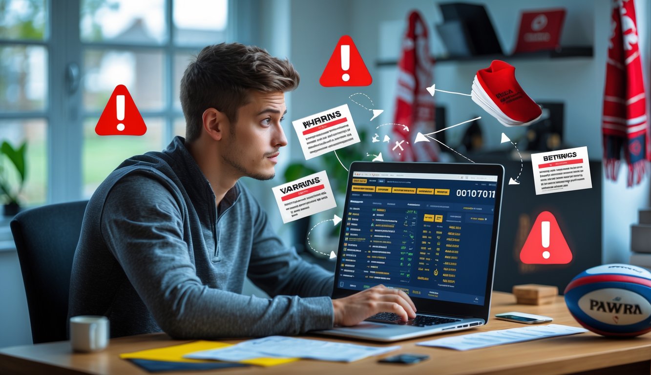 Seorang pria muda duduk di meja dengan laptop, fokus menganalisis taruhan rugby online dengan ekspresi sedikit khawatir di ruang kerja rumah yang nyaman.