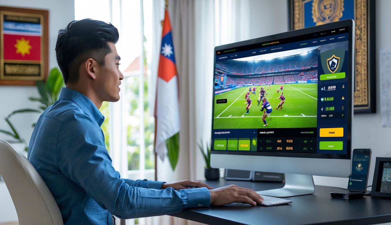 Seorang pria Indonesia duduk di meja dengan komputer yang menampilkan pertandingan rugby dan elemen keamanan dalam suasana ruangan modern.