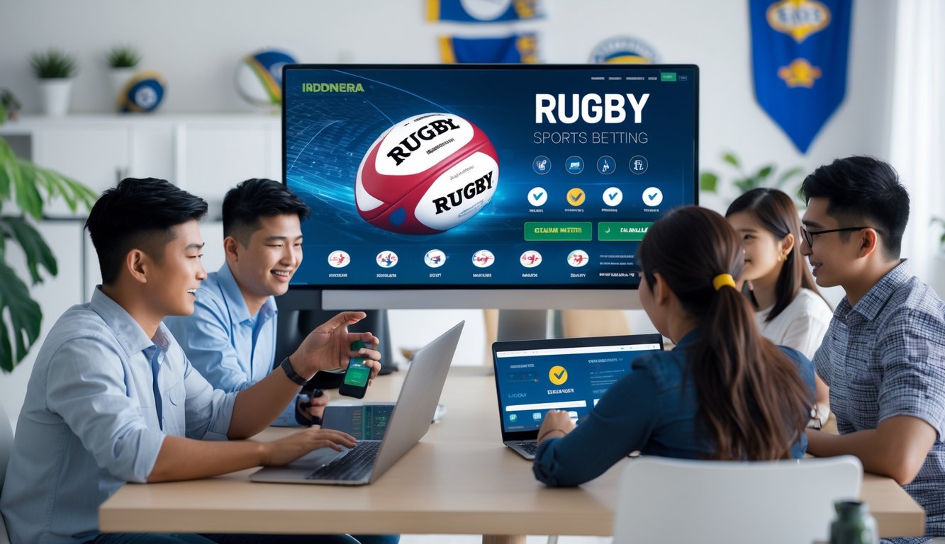 Beberapa orang muda menggunakan laptop dan ponsel untuk taruhan rugby online di ruangan yang terang dan modern.
