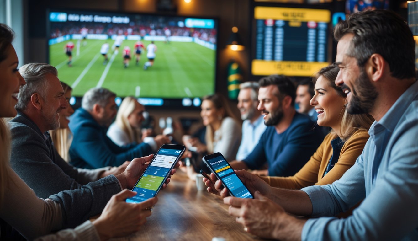 Beberapa orang sedang menonton pertandingan rugby secara langsung sambil menggunakan perangkat digital untuk memasang taruhan online.