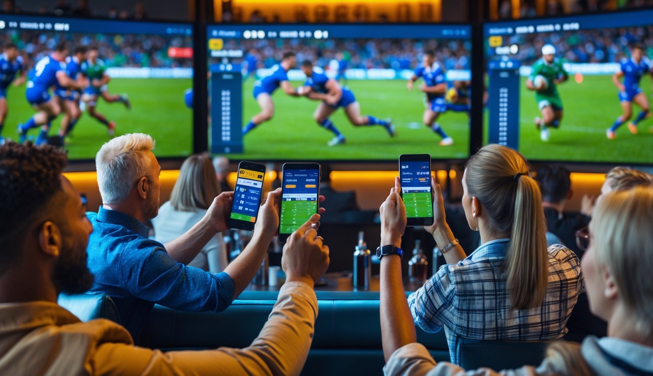 Sekelompok orang sedang menggunakan ponsel dan tablet untuk bertaruh secara langsung saat menonton pertandingan rugby di layar besar.