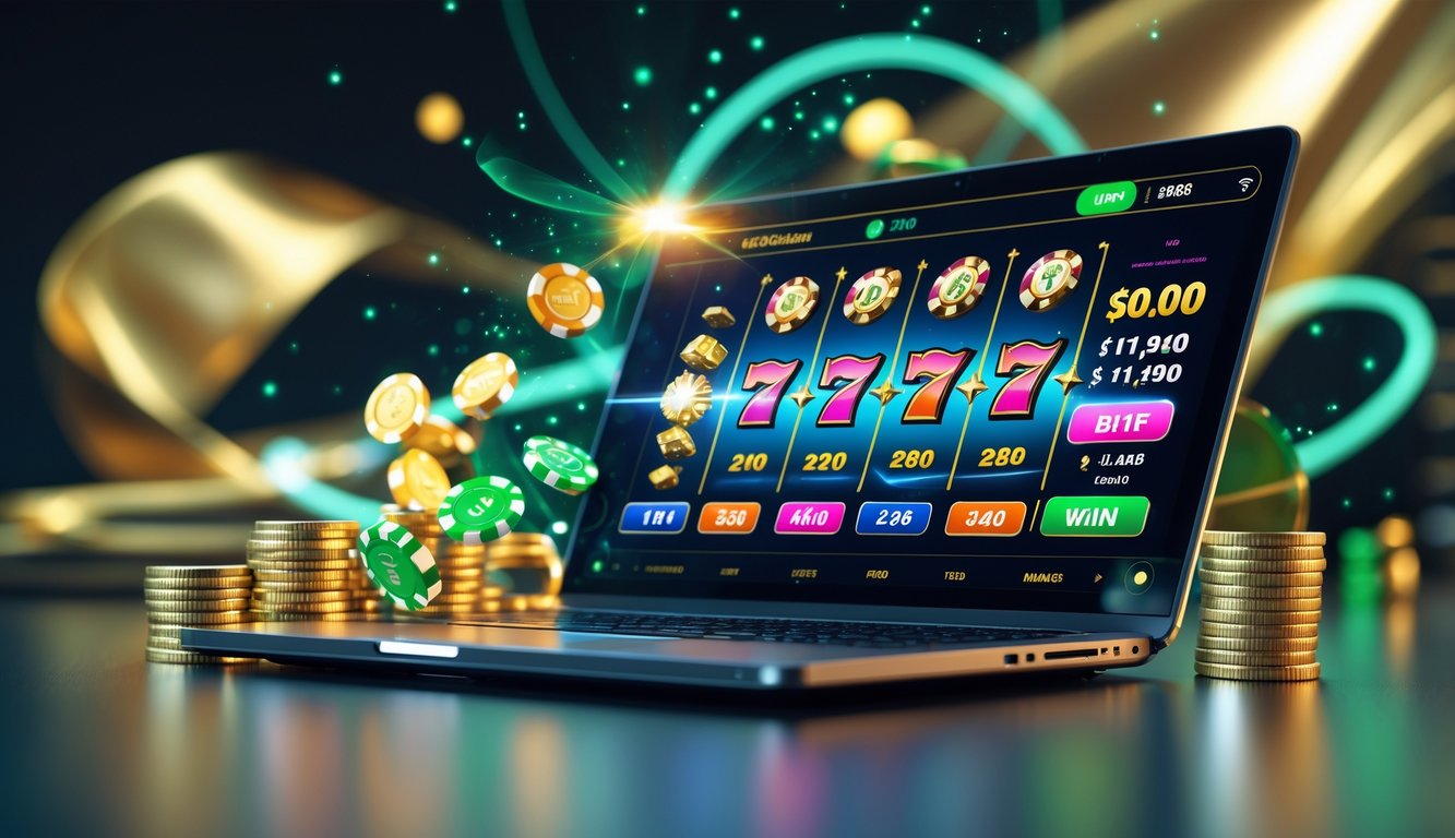 Seseorang menggunakan laptop dengan tampilan permainan kasino online yang berwarna-warni dan simbol jackpot di layar.