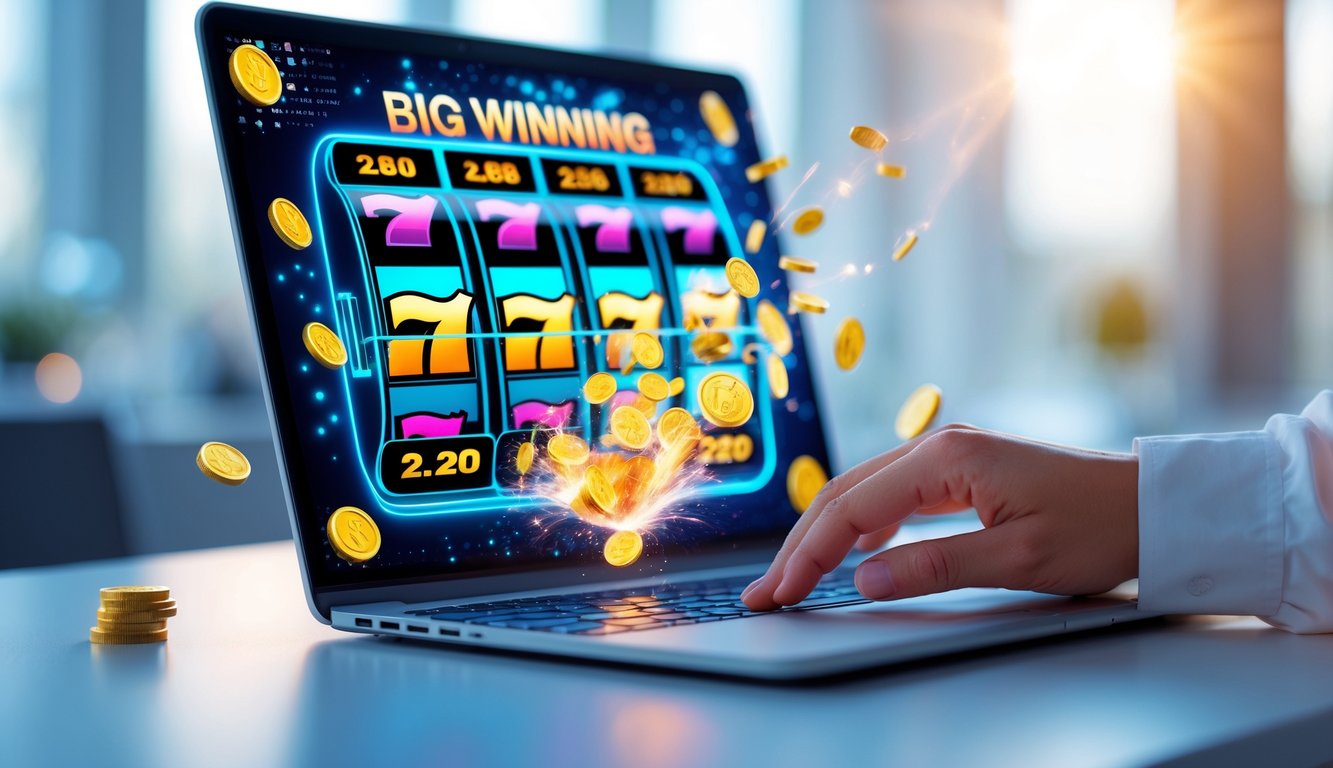 Seseorang menggunakan laptop dengan tampilan mesin slot berwarna-warni dan simbol jackpot di layar, menunjukkan suasana permainan judi online yang terpercaya dan menguntungkan.