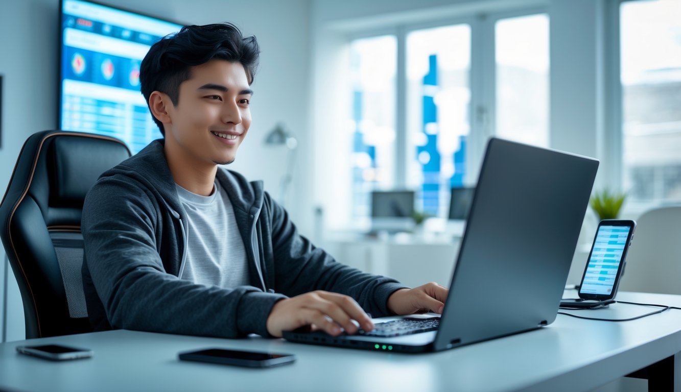 Seorang dewasa muda duduk di meja dengan laptop dan ponsel, tampak fokus dan tersenyum dalam suasana ruangan yang terang.