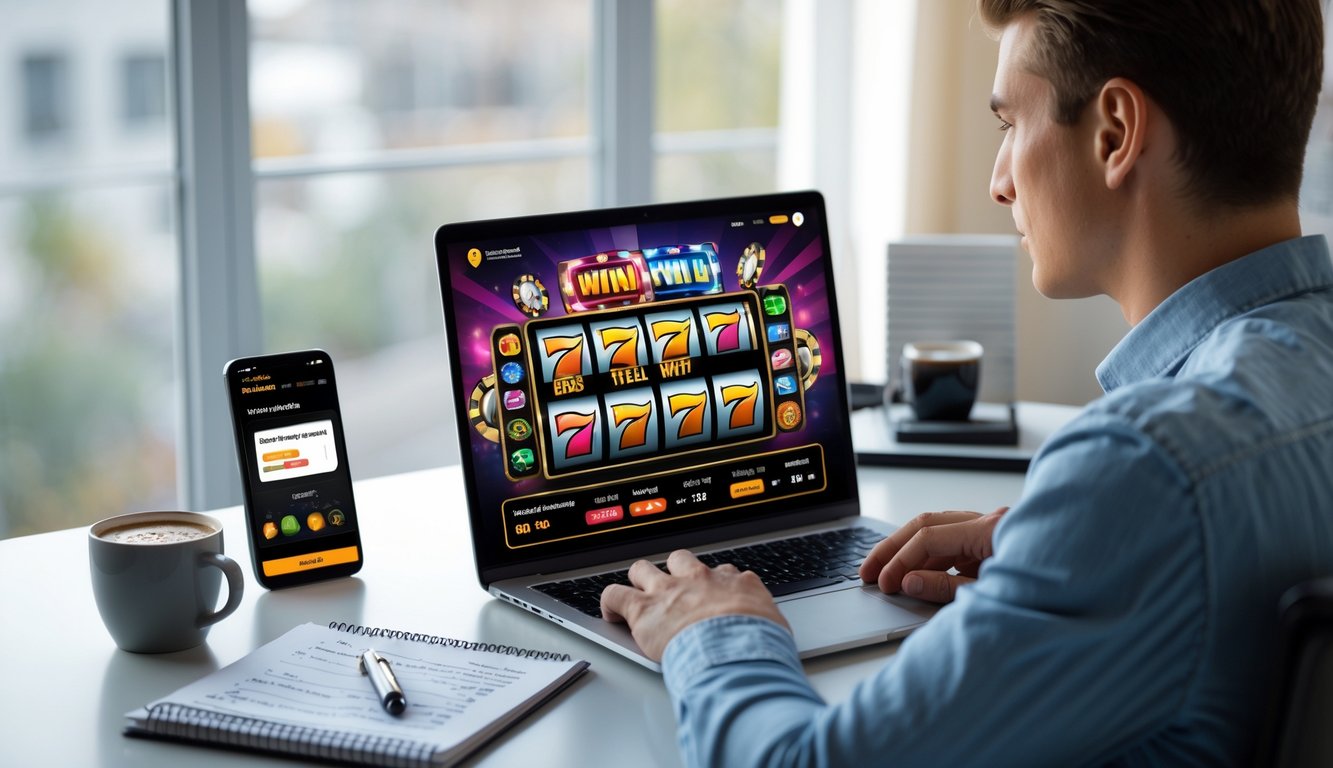 Seorang pemula duduk di meja dengan laptop dan smartphone, fokus pada layar yang menampilkan permainan judi online, di ruangan yang terang dan rapi.