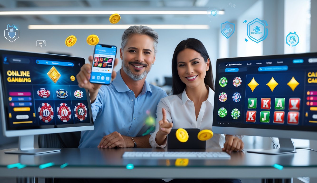 Dua orang dewasa duduk di meja dengan beberapa monitor komputer menampilkan permainan kasino online, di ruang kantor yang terang dan modern.