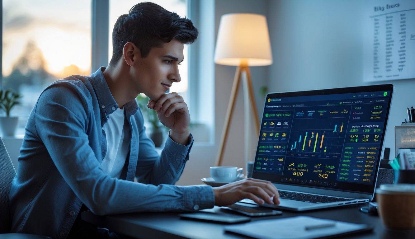 Seorang pria muda duduk di meja dengan laptop dan ponsel yang menampilkan tampilan judi online, sedang fokus menganalisis data di layar.