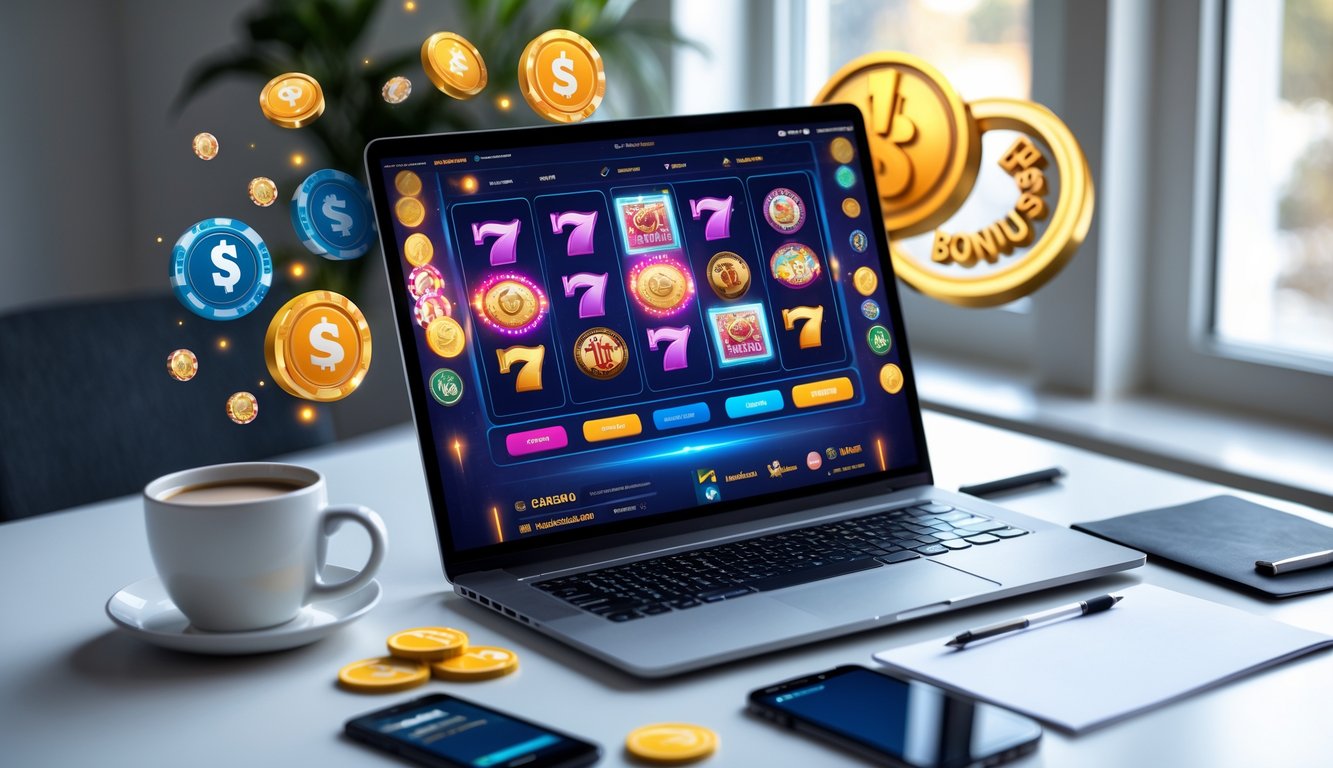 Meja kerja modern dengan laptop yang menampilkan permainan kasino online dan elemen simbol bonus serta deposit di sekitarnya.