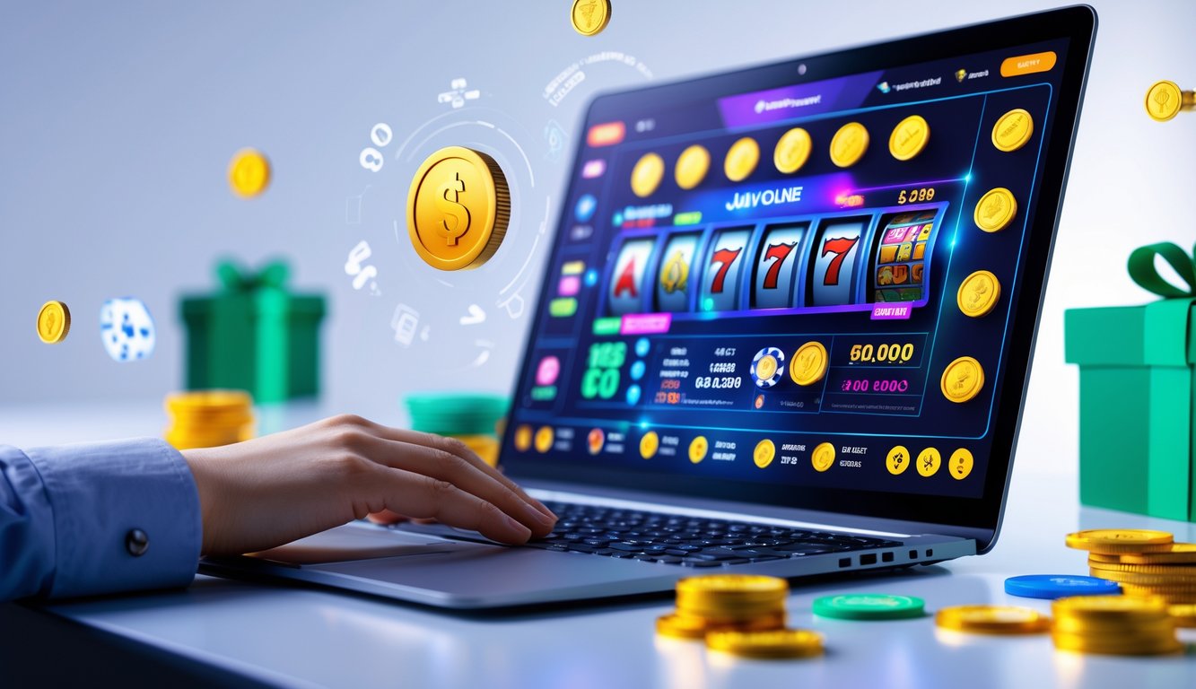 Seorang pengguna berinteraksi dengan komputer yang menampilkan permainan judi online dengan simbol koin dan hadiah di sekitar layar.
