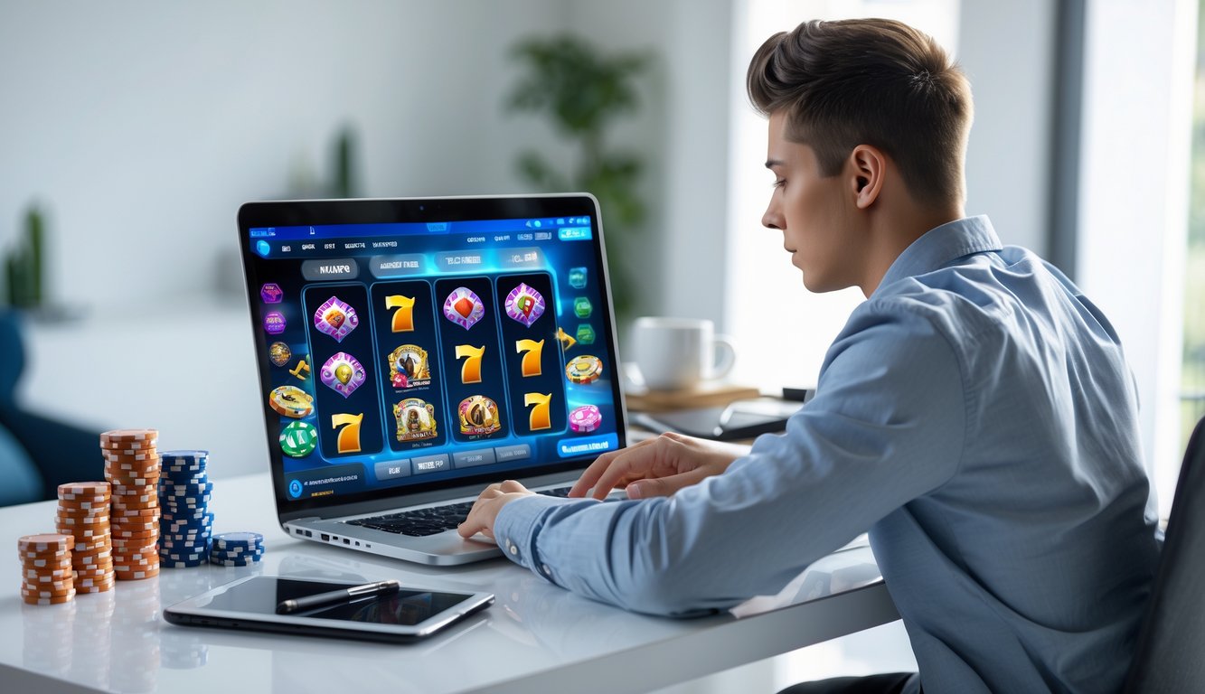 Seorang dewasa muda duduk di meja modern sambil fokus pada laptop yang menampilkan permainan judi online dengan tumpukan chip dan catatan di sekitarnya.