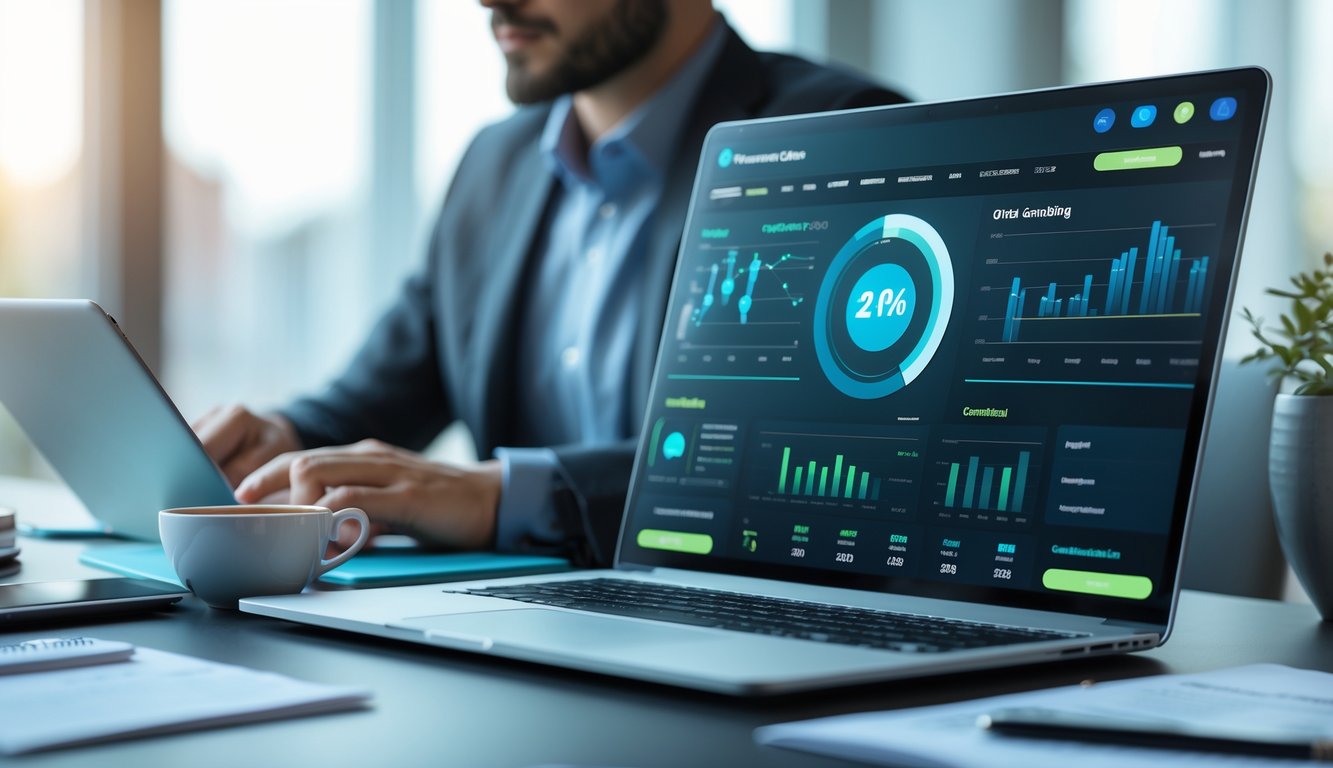 Seorang individu sedang bekerja di depan laptop dan tablet dengan grafik dan catatan di meja, fokus pada strategi bermain judi online.