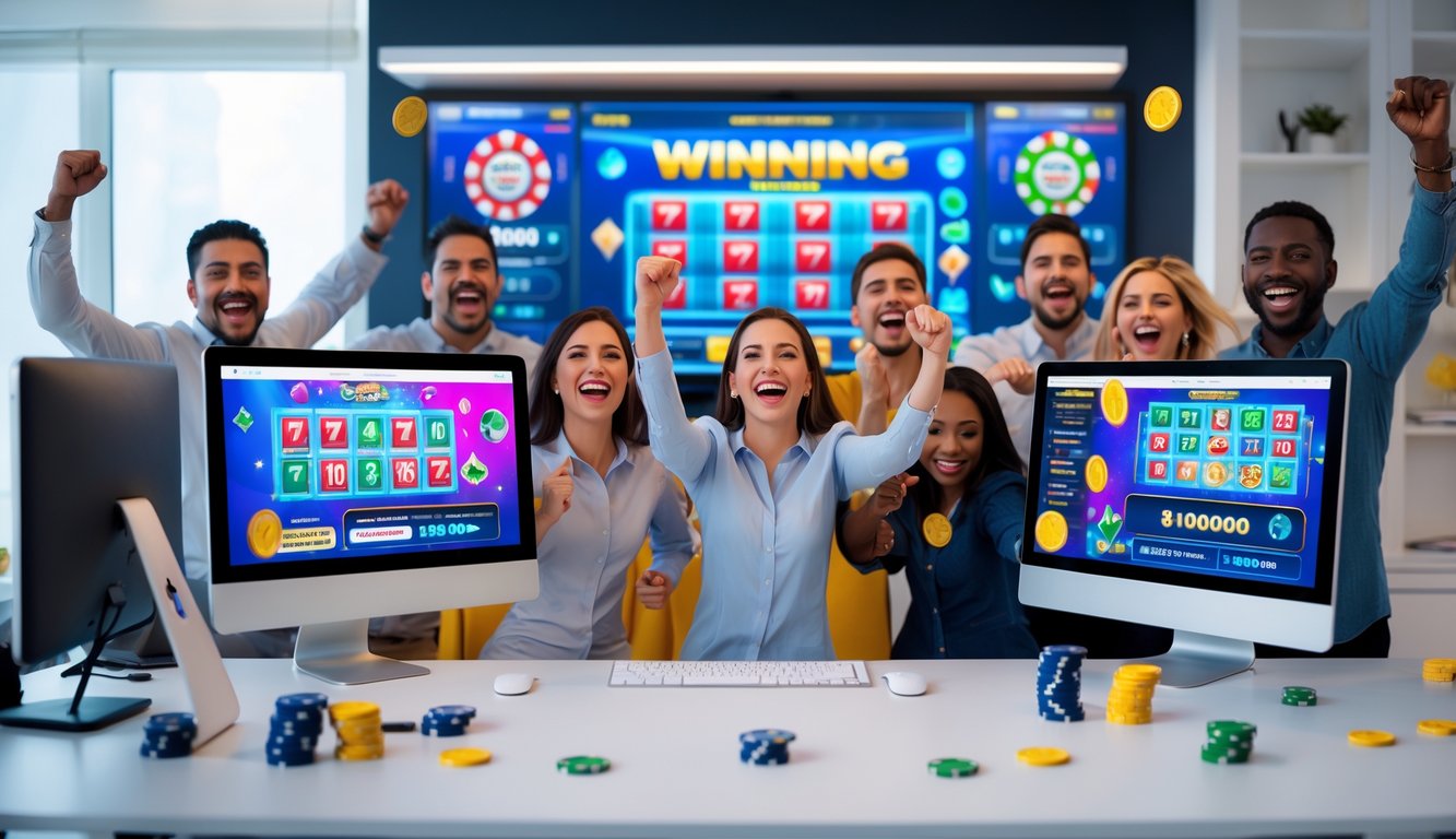 Sekelompok orang merayakan kemenangan besar di depan komputer dengan permainan judi online yang penuh warna.