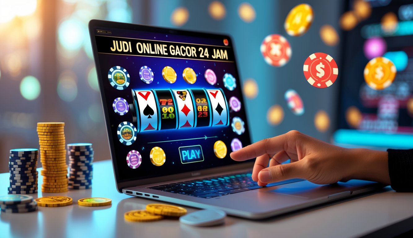 Seorang pengguna sedang bermain judi online di komputer dengan tampilan game kasino yang berwarna-warni dan suasana yang hangat.