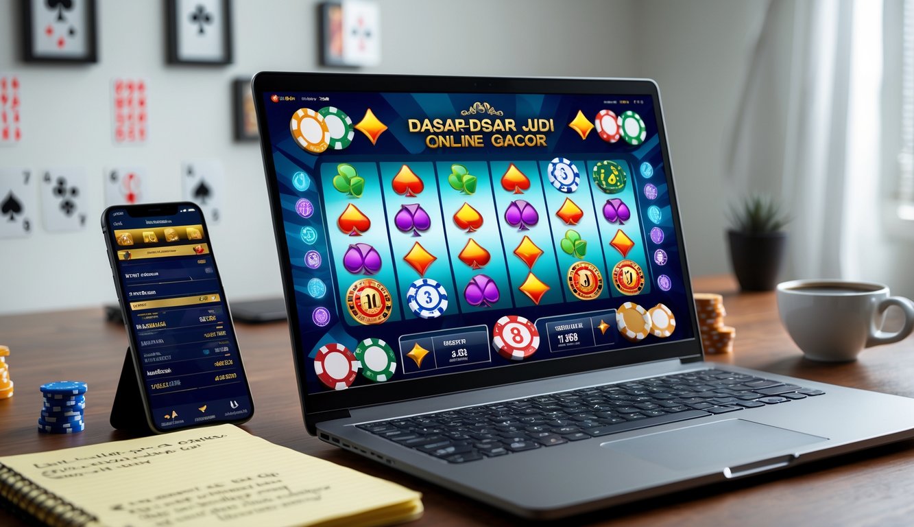 Seorang pengguna duduk di depan komputer dengan tampilan permainan judi online, dikelilingi catatan dan perangkat pendukung di meja kerja.