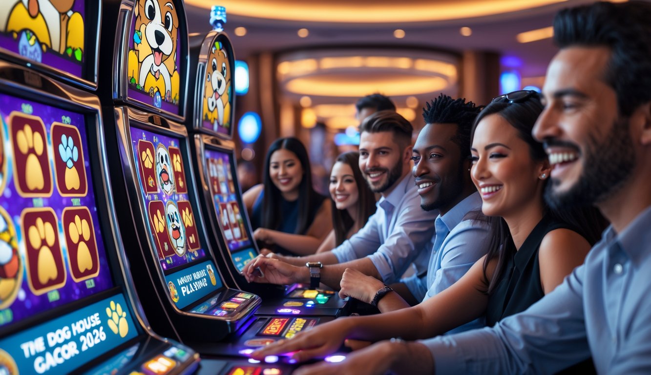 Orang-orang bermain mesin slot bertema anjing di kasino yang modern dan ramai.