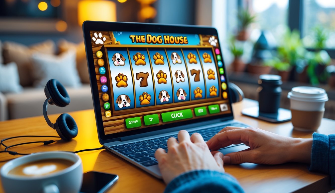 Seorang pemain sedang menggunakan laptop dengan tampilan permainan slot bertema anjing, di meja terdapat headphone dan secangkir kopi.