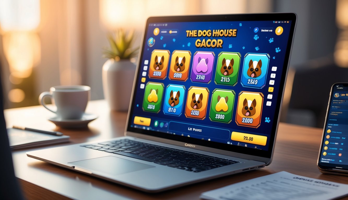 Sebuah laptop menampilkan permainan slot dengan ikon-ikon anjing, dikelilingi oleh catatan, ponsel, dan cangkir kopi di atas meja kerja.