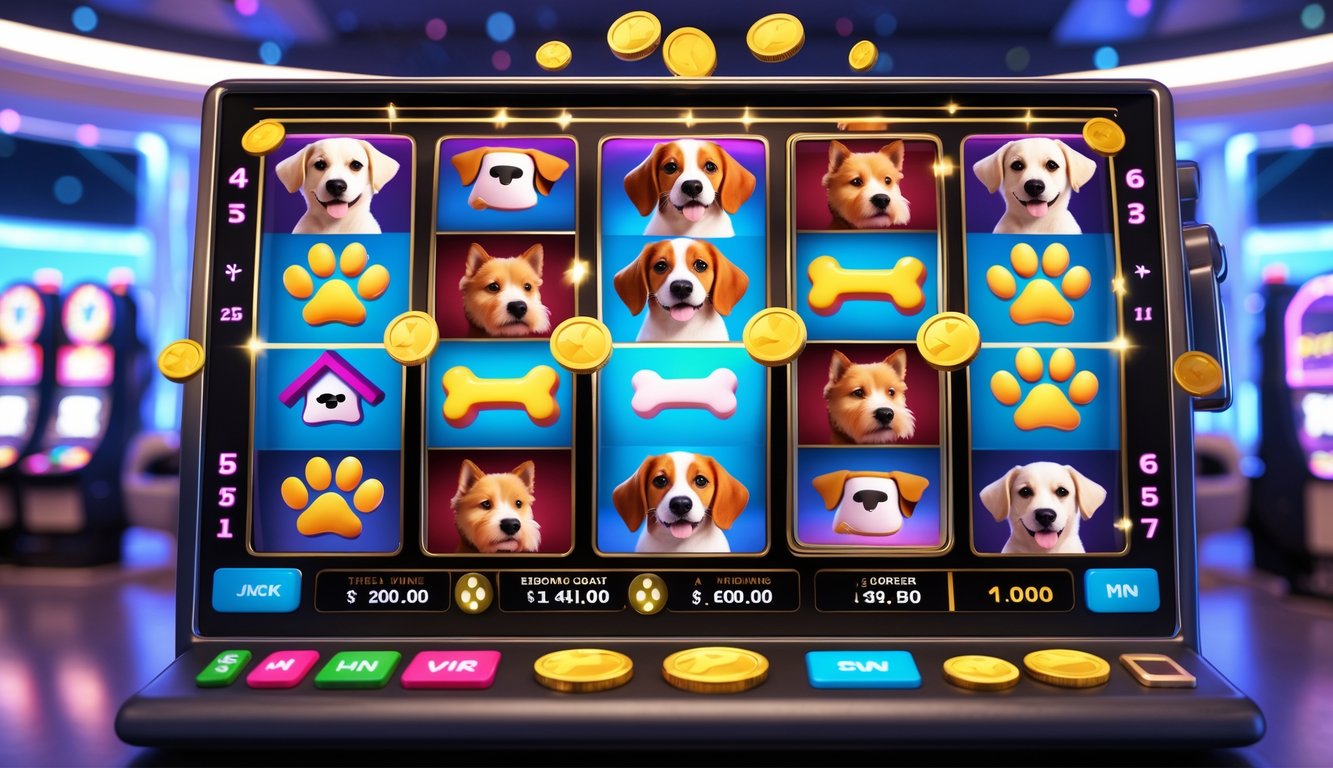Mesin slot bertema anjing dengan simbol-simbol seperti anak anjing, rumah anjing, tulang, dan jejak kaki, menampilkan suasana kasino yang cerah dan menarik.