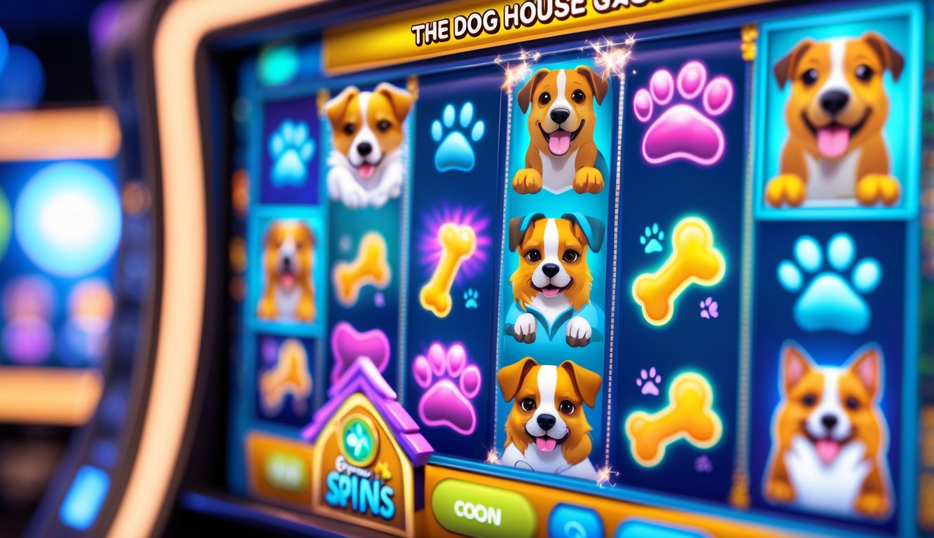 Tampilan layar permainan slot online bertema anjing dengan simbol anjing, tulang, dan rumah anjing, menampilkan fitur bonus putaran gratis.