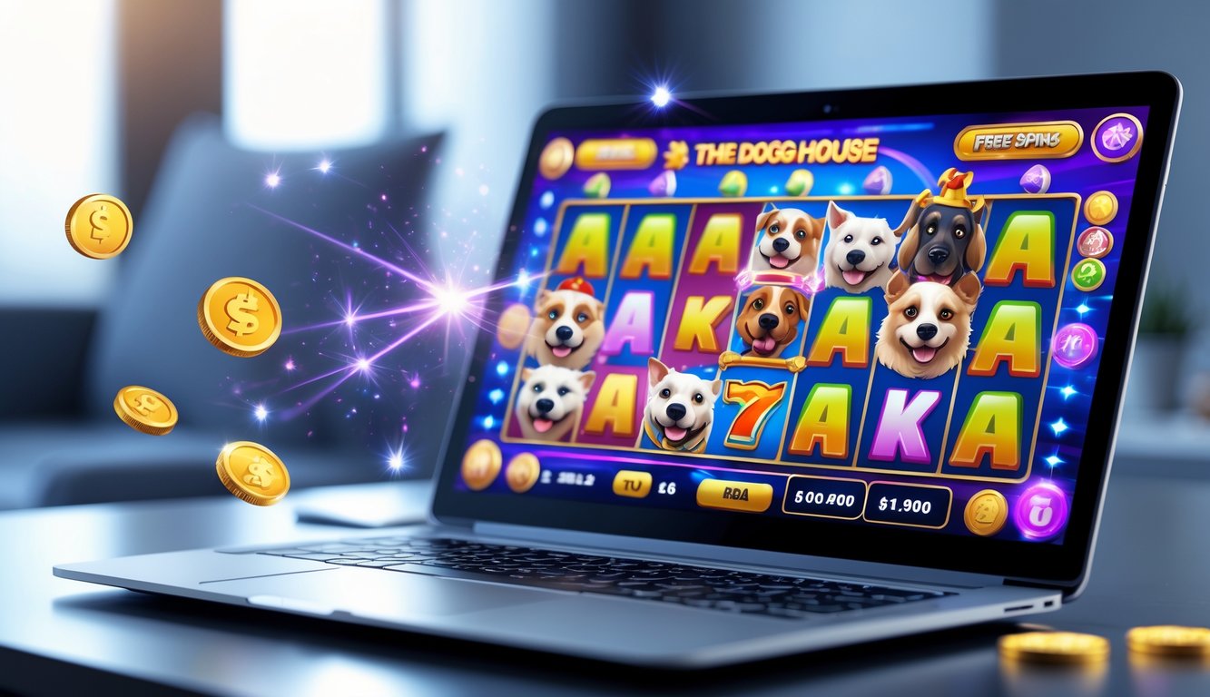 Seorang pengguna sedang bermain slot The Dog House Gacor di komputer dengan tampilan permainan yang cerah dan ikon-ikon bonus berkilau di sekitar layar.
