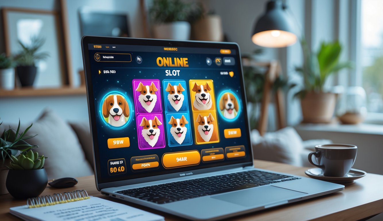 Meja kerja dengan laptop yang menampilkan permainan slot bertema anjing, kopi, dan catatan strategi di ruangan yang nyaman.