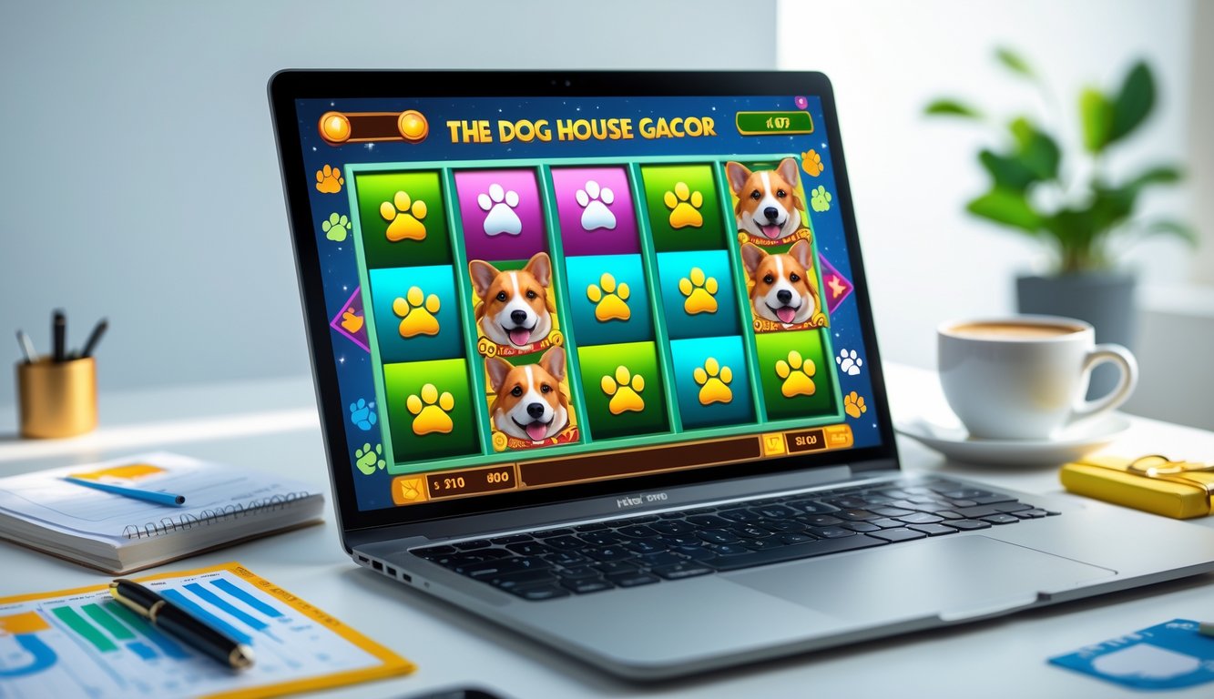 Layar komputer menampilkan permainan slot bertema anjing dengan ikon seperti jejak kaki dan tulang, di atas meja kerja dengan buku catatan dan cangkir kopi.