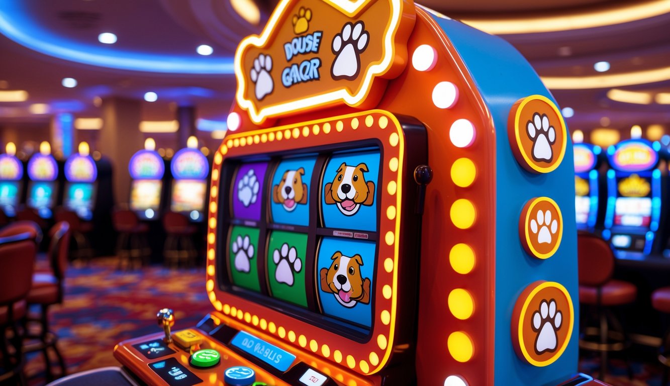 Mesin slot bertema rumah anjing dengan ikon anjing, tulang, dan jejak kaki di dalam kasino yang ramai.