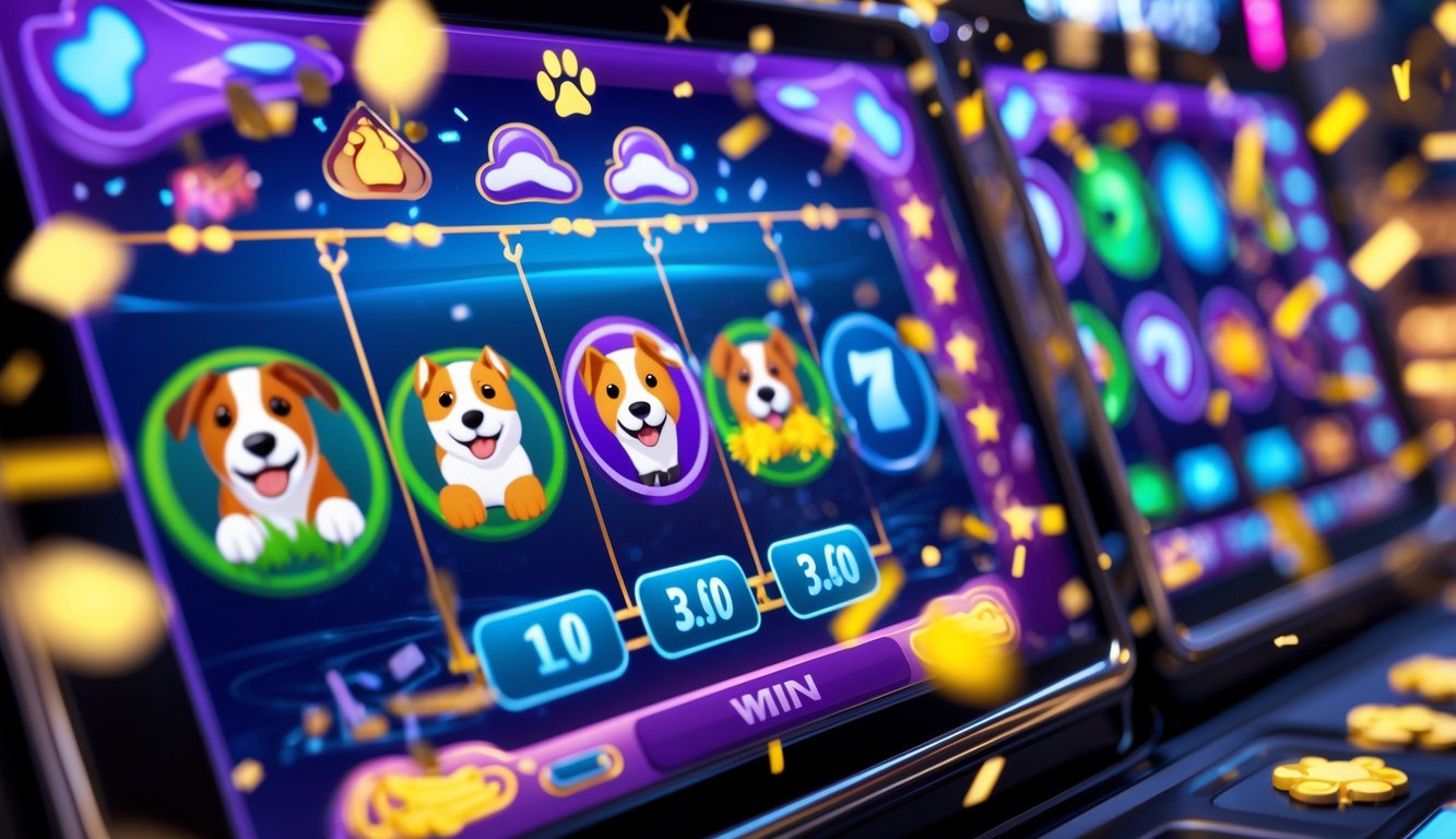 Tampilan layar permainan slot online bertema rumah anjing dengan ikon anjing dan tulang, menunjukkan suasana permainan yang seru dan menarik.