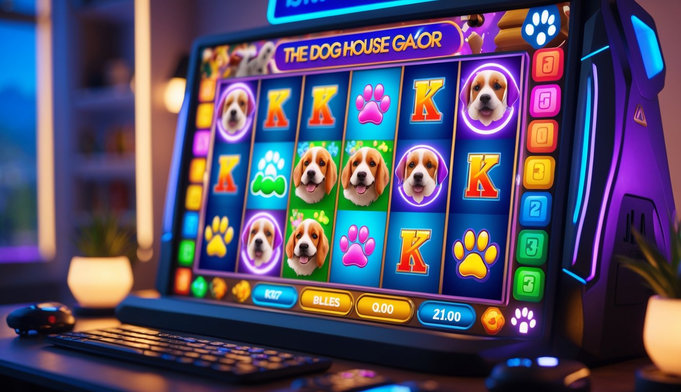 Tampilan mesin slot digital dengan simbol anjing yang berwarna-warni dan latar belakang ruangan bermain yang modern.