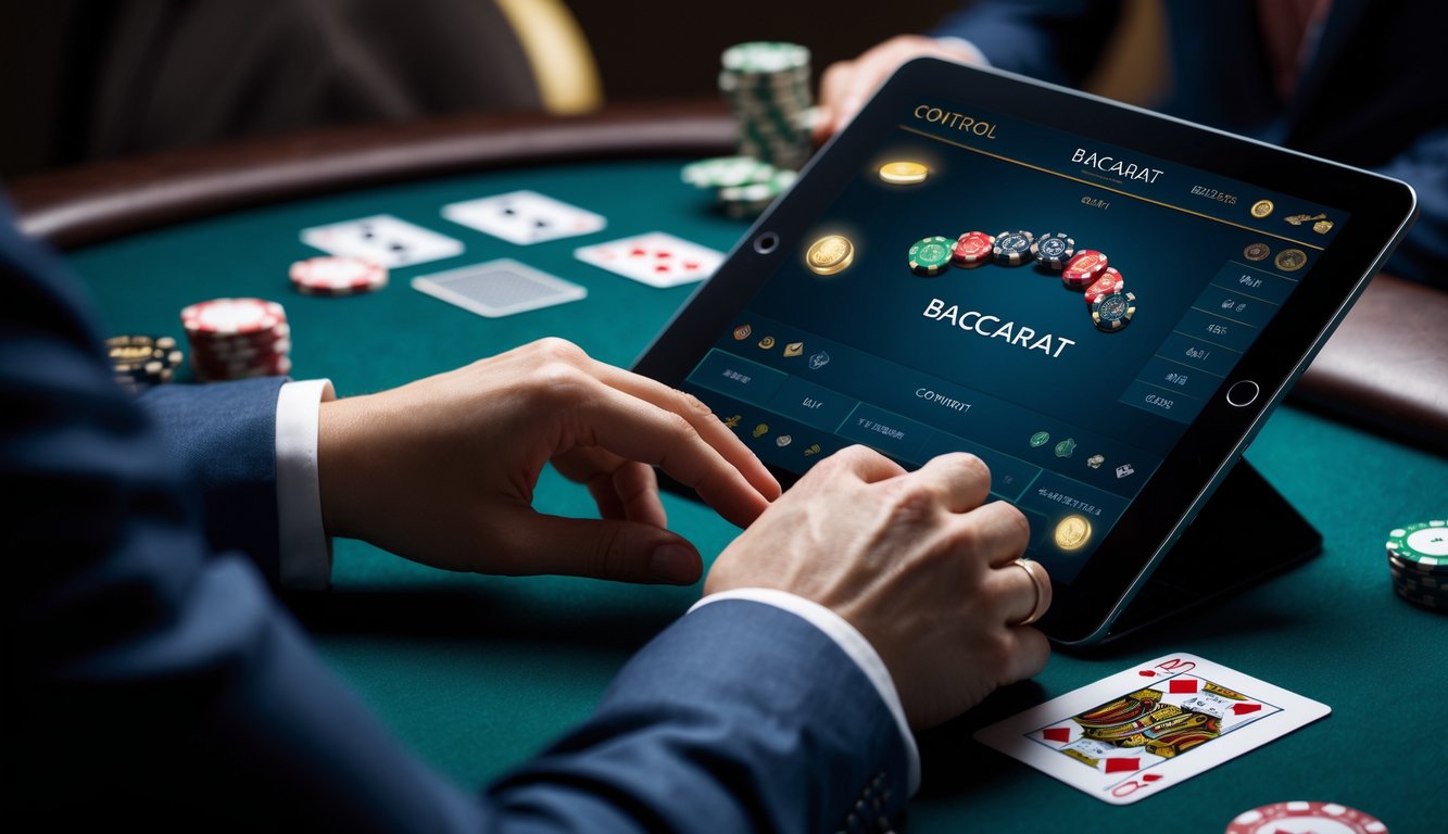 Tangan seseorang menggunakan tablet untuk bermain permainan Baccarat online dengan latar belakang chip kasino dan kartu remi.