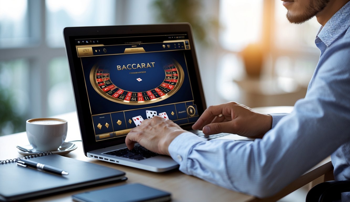 Seseorang sedang fokus bermain baccarat online di laptop dalam ruangan kerja yang rapi dan terang.