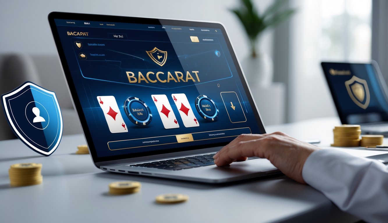 Tampilan dekat layar komputer yang menampilkan permainan Baccarat online dengan kartu dan chip, di lingkungan kerja modern yang bersih dan terang.