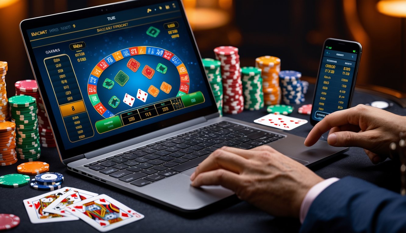 Seorang pemain yang sedang bermain baccarat online dengan laptop, kartu, dan chip poker di meja.