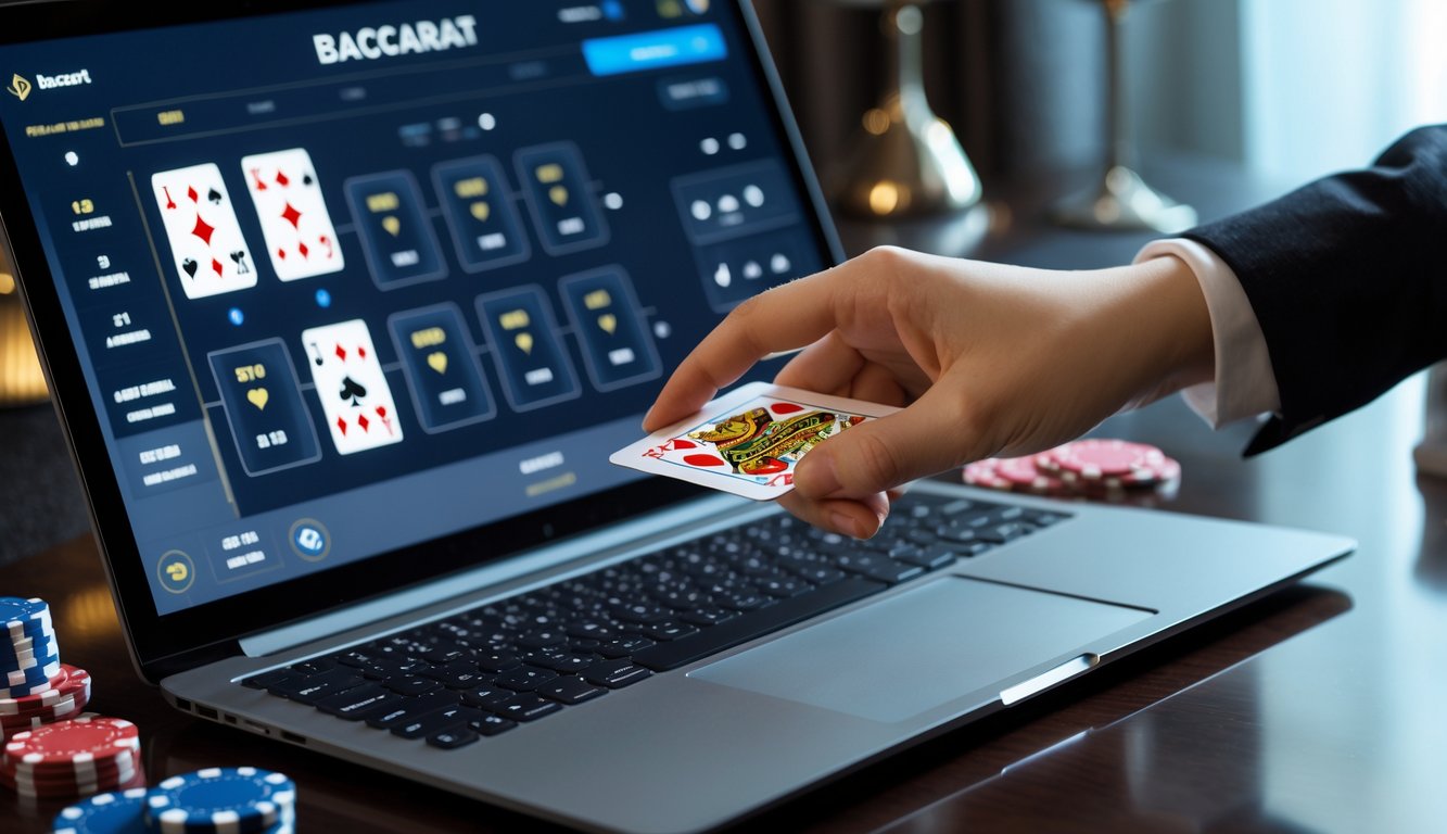 Tangan seseorang sedang melakukan control squeeze pada kartu baccarat di depan layar komputer dalam ruangan dengan dekorasi kasino.
