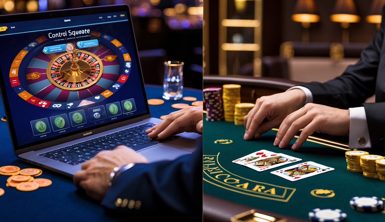 Gambar yang menunjukkan perbedaan antara permainan baccarat online dengan layar komputer dan baccarat tradisional di meja kasino dengan kartu dan chip.