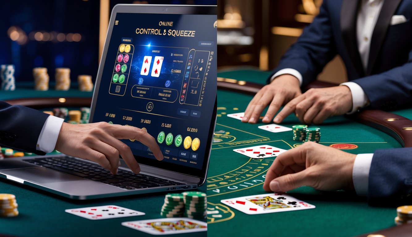 Seorang pemain menggunakan perangkat digital untuk bermain baccarat online di samping meja baccarat tradisional dengan kartu fisik dan chip.