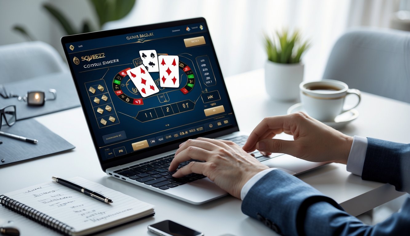 Seseorang sedang bermain baccarat online di laptop dengan meja yang rapi dan alat tulis di sekitarnya.