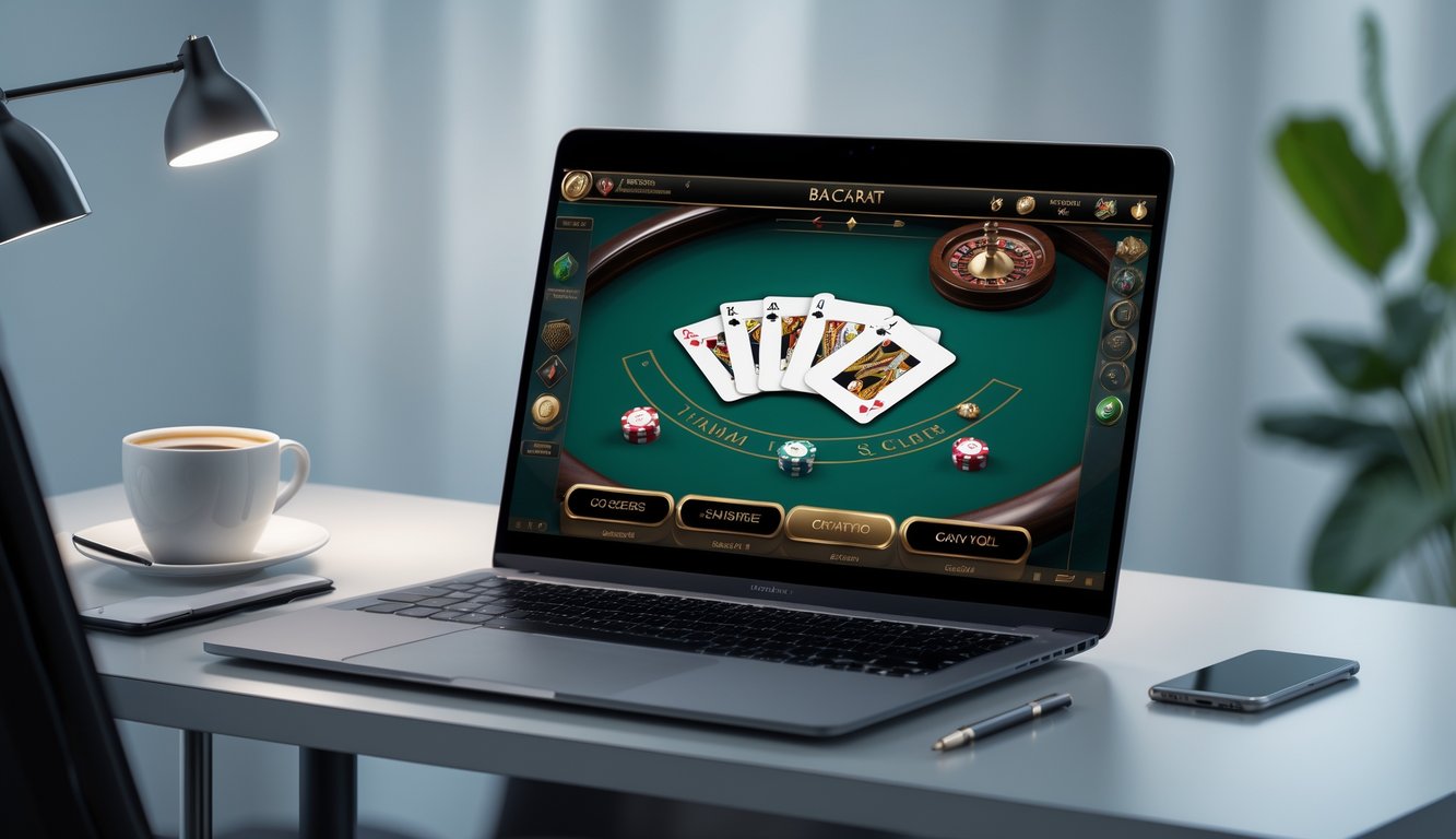 Seorang pengguna sedang bermain baccarat online di laptop dengan tampilan kartu yang sedang diungkapkan secara perlahan.