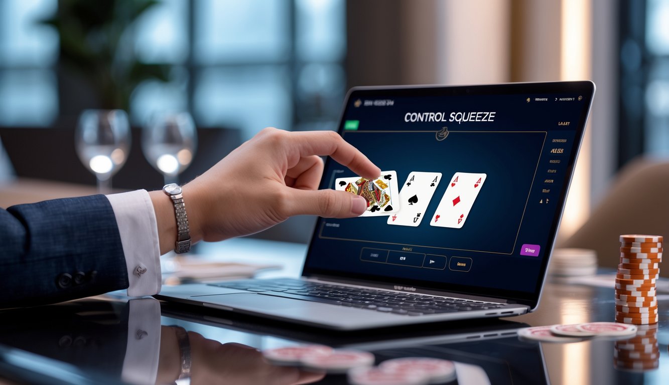 Seorang pemain sedang menggunakan fitur control squeeze pada permainan baccarat online di layar laptop di lingkungan yang rapi dan terang.