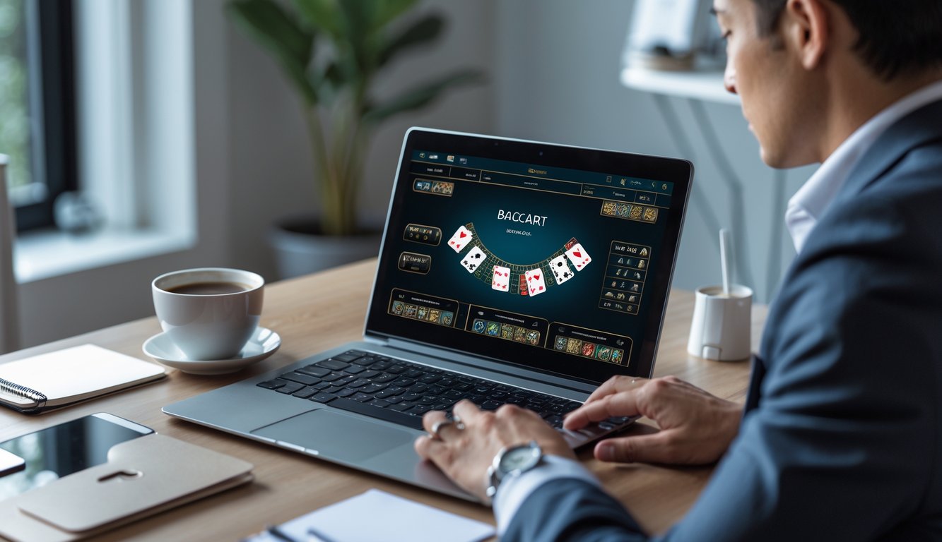 Seseorang sedang bermain baccarat online di laptop di ruang kerja rumah yang terang dan rapi.