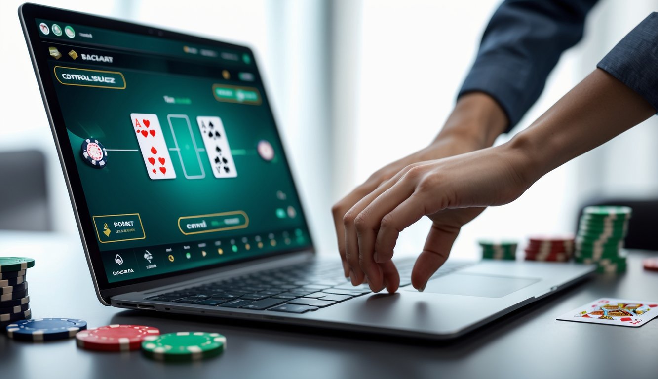 Tangan seseorang sedang menggunakan teknik control squeeze pada permainan baccarat online di layar komputer.