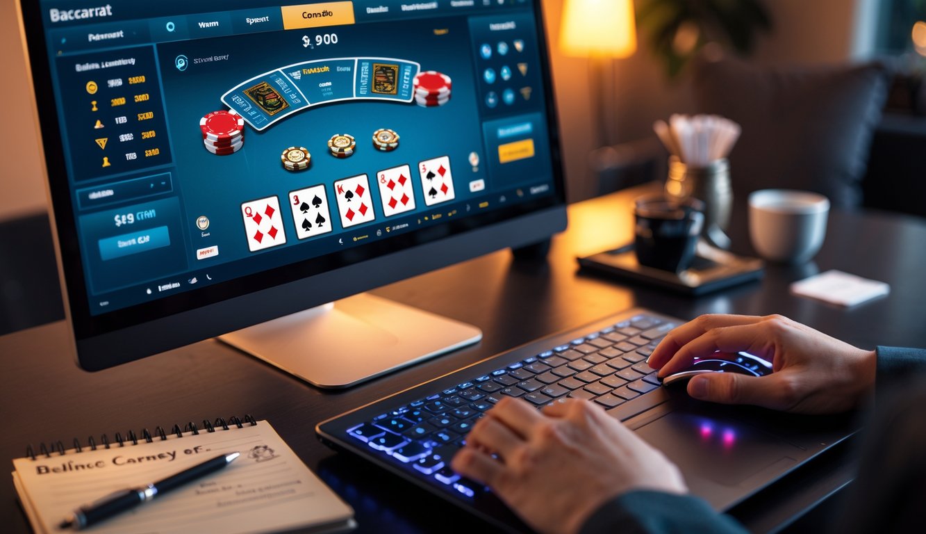 Seorang pemain sedang menggunakan komputer untuk bermain baccarat online dengan kartu dan chip terlihat di layar, di meja terdapat buku catatan dan secangkir kopi.