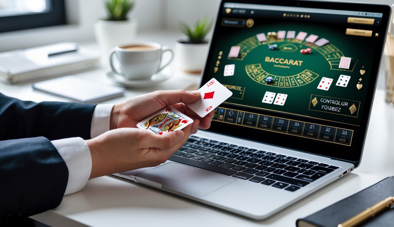 Tangan seseorang sedang memegang kartu baccarat di depan laptop yang menampilkan permainan baccarat online di meja kerja yang rapi.