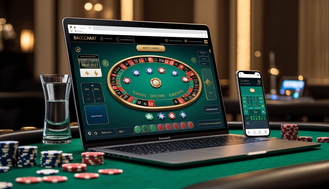 Sebuah meja dengan komputer dan ponsel yang menampilkan permainan baccarat online dengan kartu dan chip di sekitar meja.