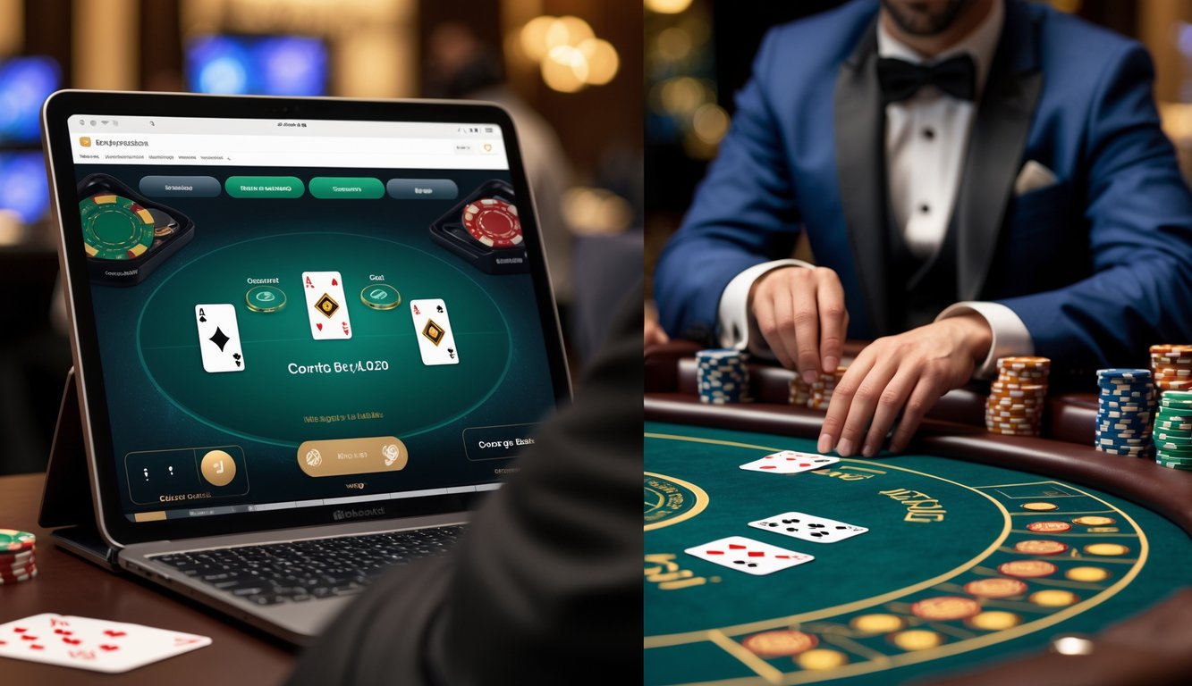 Gambaran perbandingan antara permainan baccarat online dengan fitur control squeeze di layar komputer dan permainan baccarat tradisional di meja kasino dengan dealer.