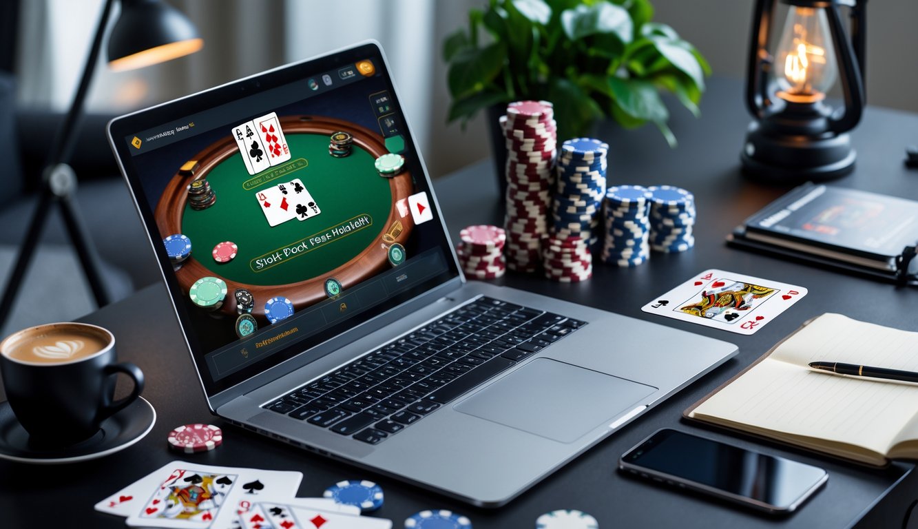 Seseorang sedang bermain poker online di depan laptop dengan kartu dan chip poker di meja, suasana rapi dan fokus.