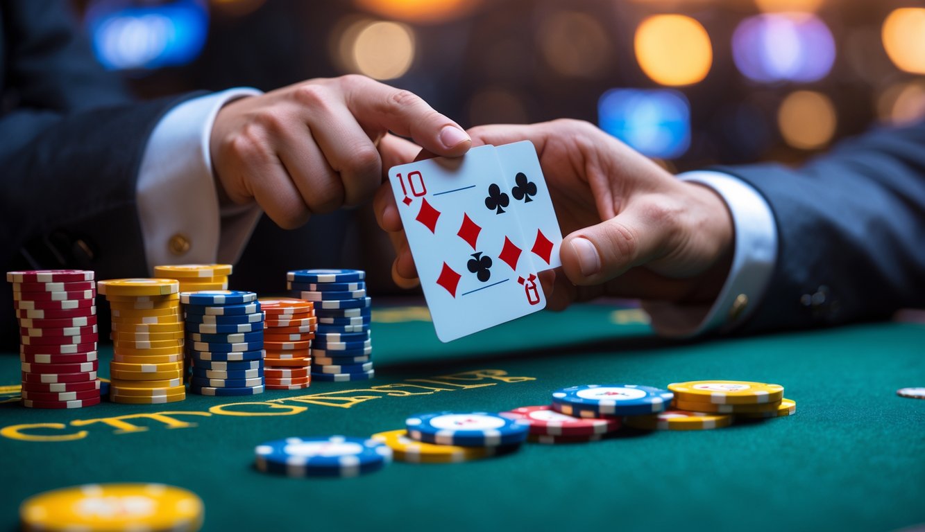 Meja poker dengan kartu dan tumpukan chip, suasana hangat dan profesional.