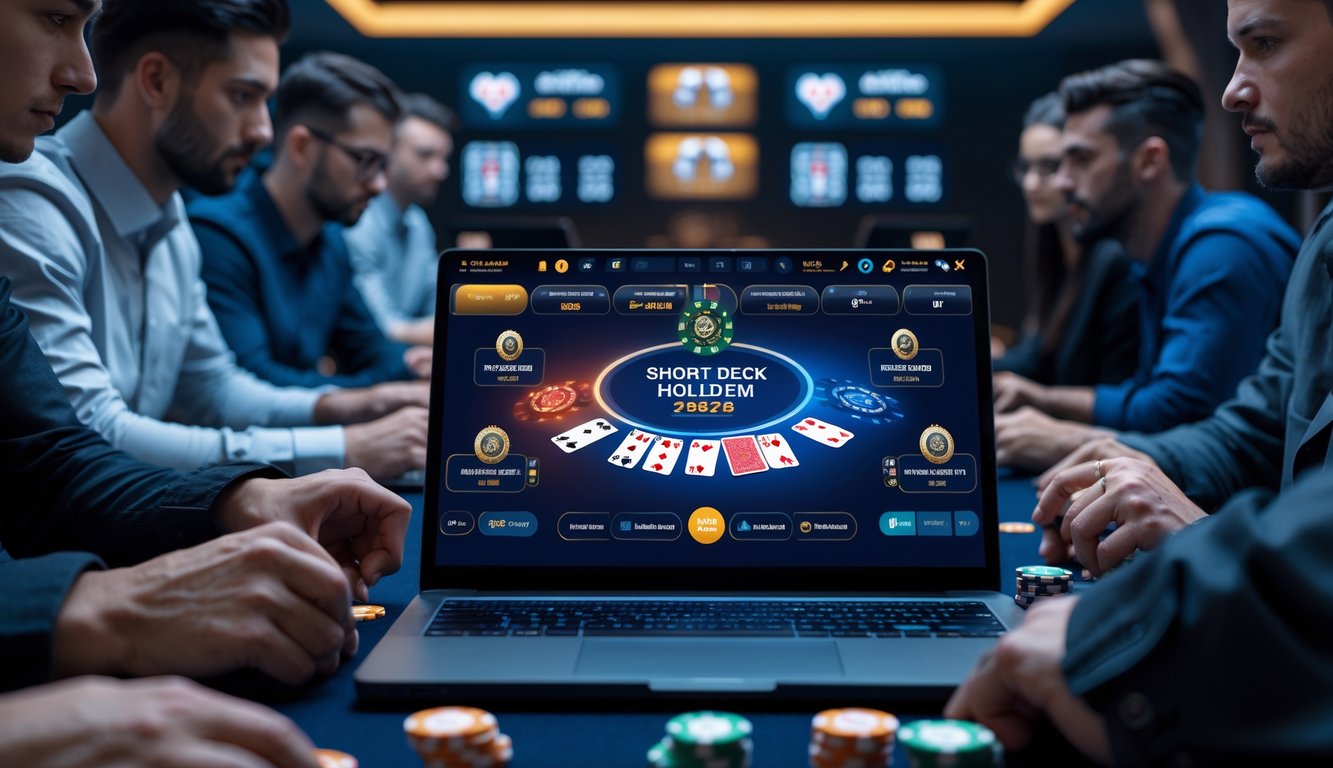 Beberapa pemain serius sedang bermain poker online di depan laptop dengan meja poker digital dan chip di layar.