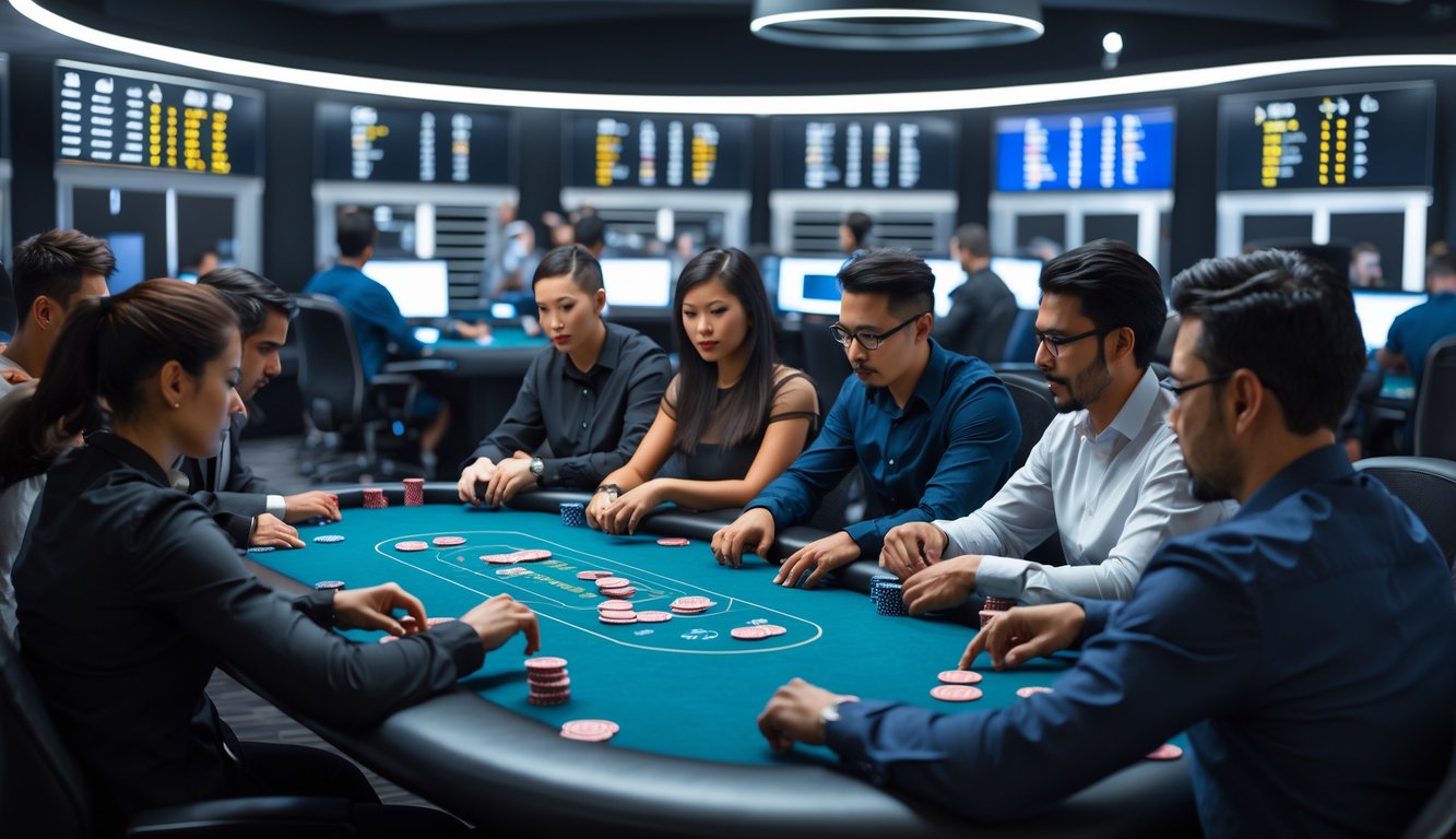 Beberapa pemain poker sedang bermain di meja poker modern dengan kartu dan chip, fokus pada permainan dan strategi.